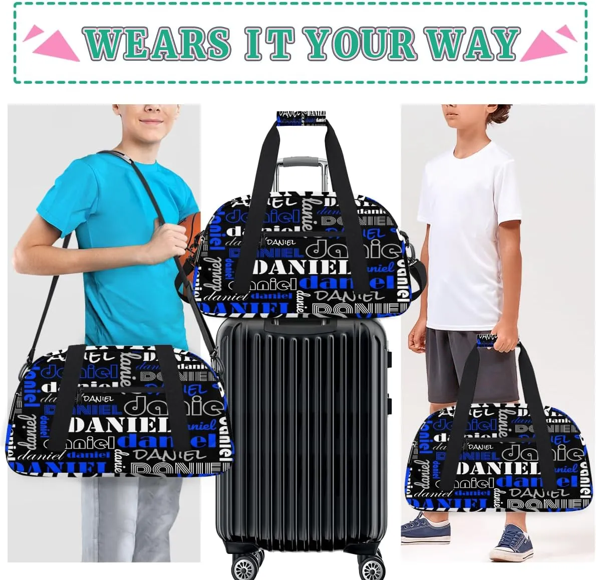Custom Name Kids Gym Sport Bag for Boys Girls, Personalized Gymnastics Ballet Dance Bag Customized Small Duffel Travel Bag Teen Weekender Overnight Bag, Black Blue White