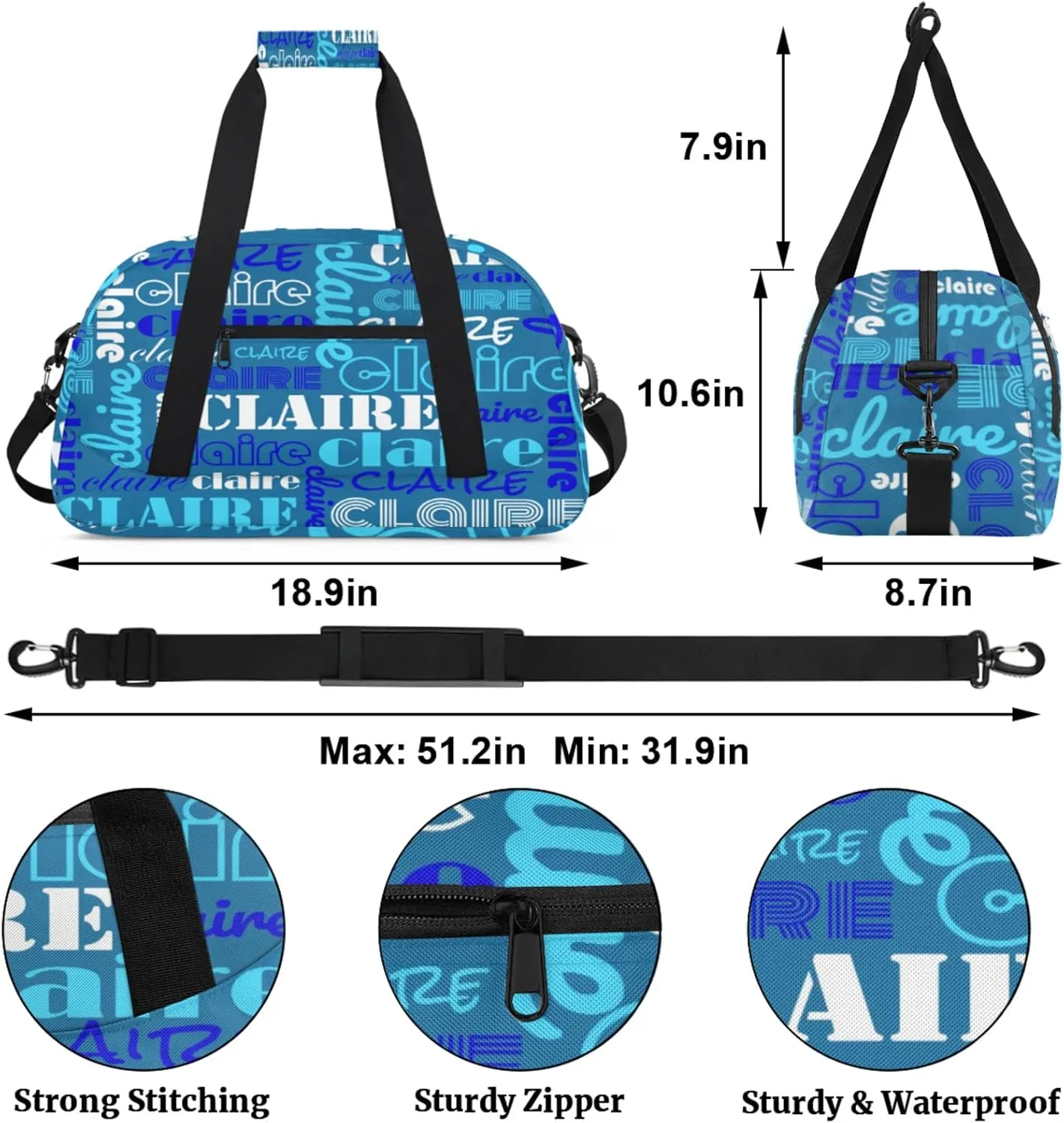 Custom Name Kids Gym Sport Bag for Boys Girls, Personalized Gymnastics Ballet Dance Bag Customized Small Duffel Travel Bag Teen Weekender Overnight Bag, Blue