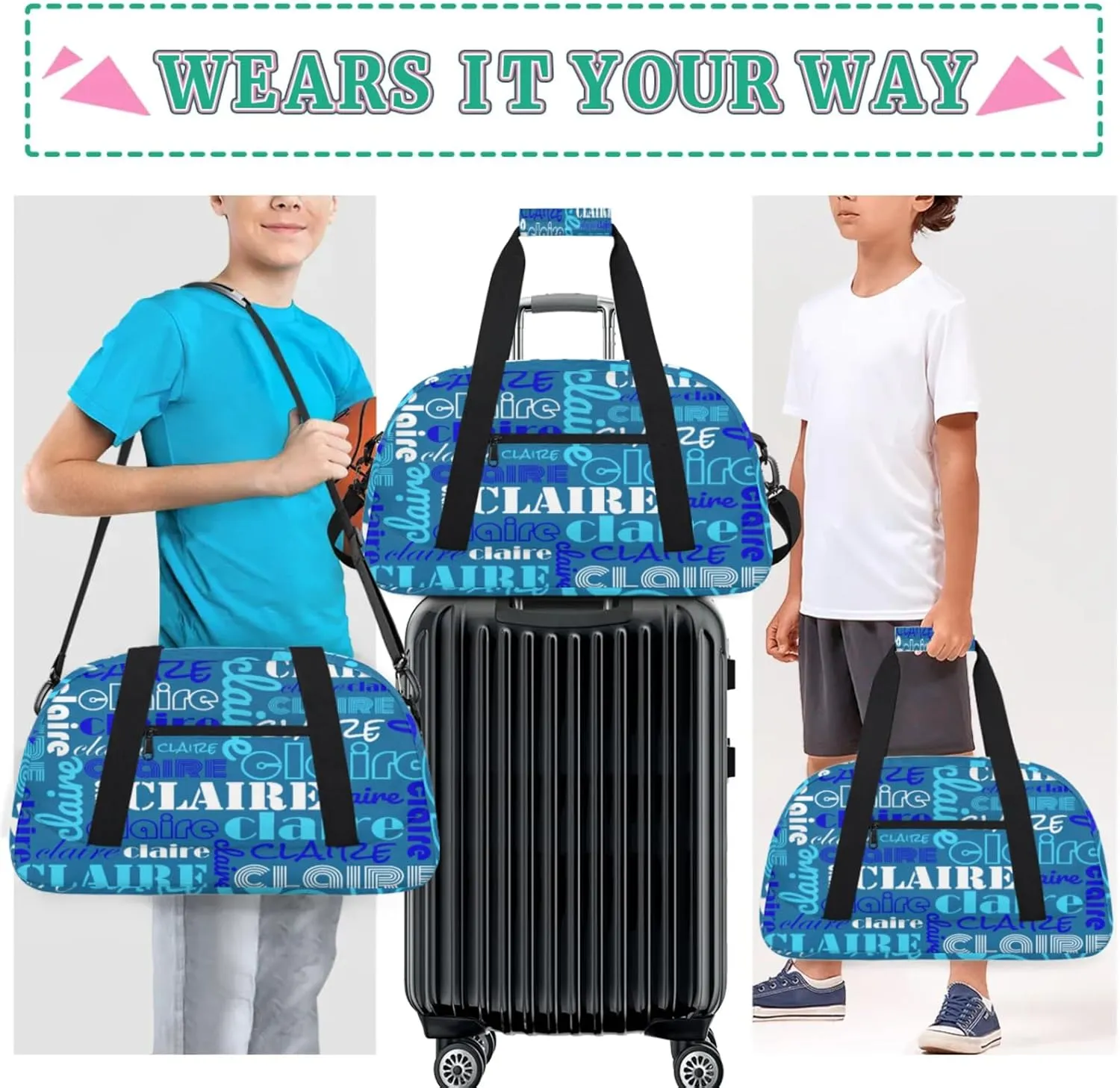 Custom Name Kids Gym Sport Bag for Boys Girls, Personalized Gymnastics Ballet Dance Bag Customized Small Duffel Travel Bag Teen Weekender Overnight Bag, Blue