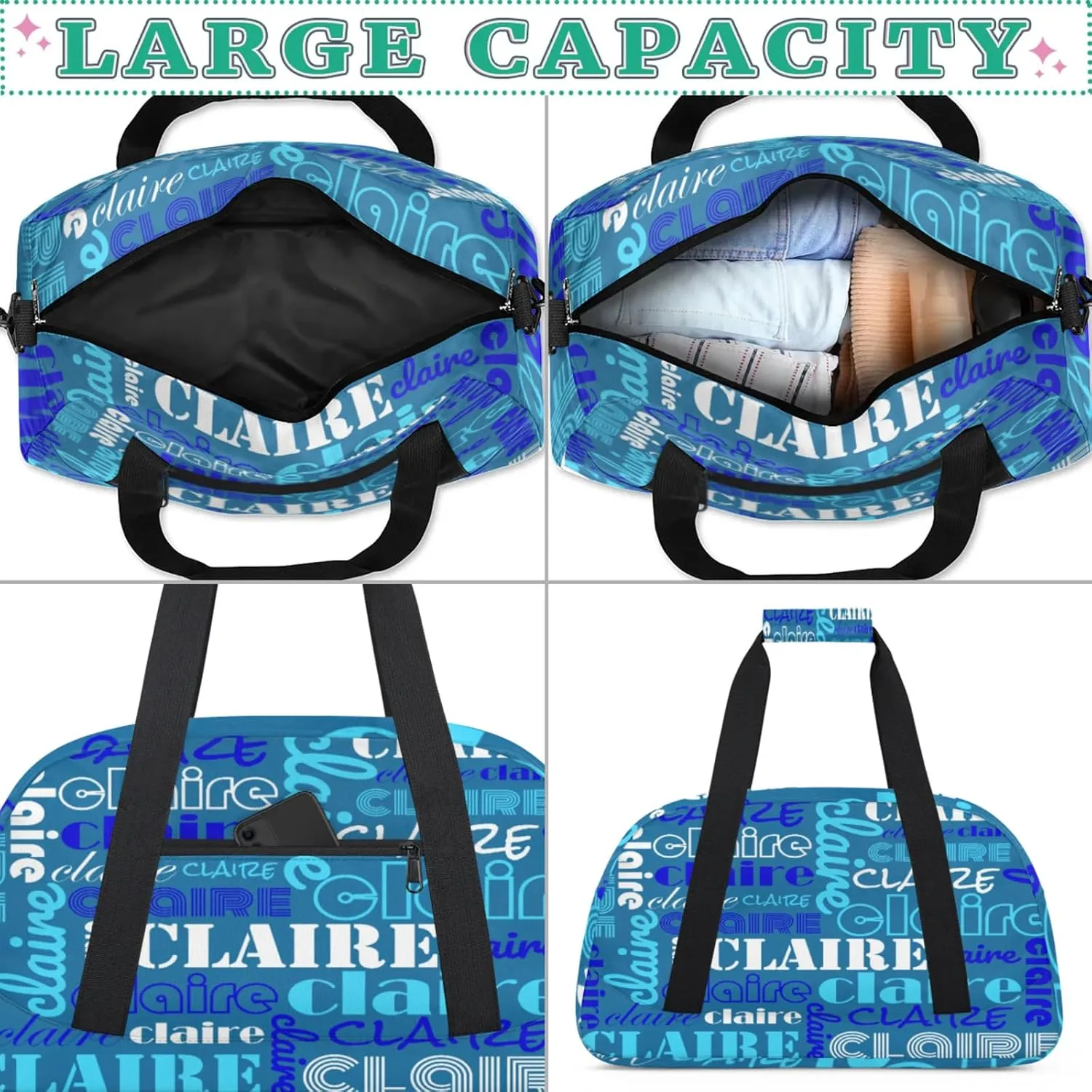 Custom Name Kids Gym Sport Bag for Boys Girls, Personalized Gymnastics Ballet Dance Bag Customized Small Duffel Travel Bag Teen Weekender Overnight Bag, Blue