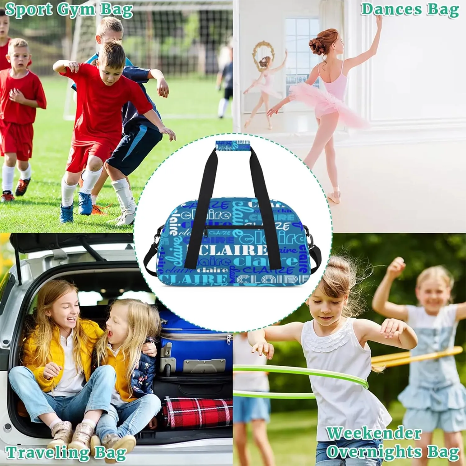 Custom Name Kids Gym Sport Bag for Boys Girls, Personalized Gymnastics Ballet Dance Bag Customized Small Duffel Travel Bag Teen Weekender Overnight Bag, Blue