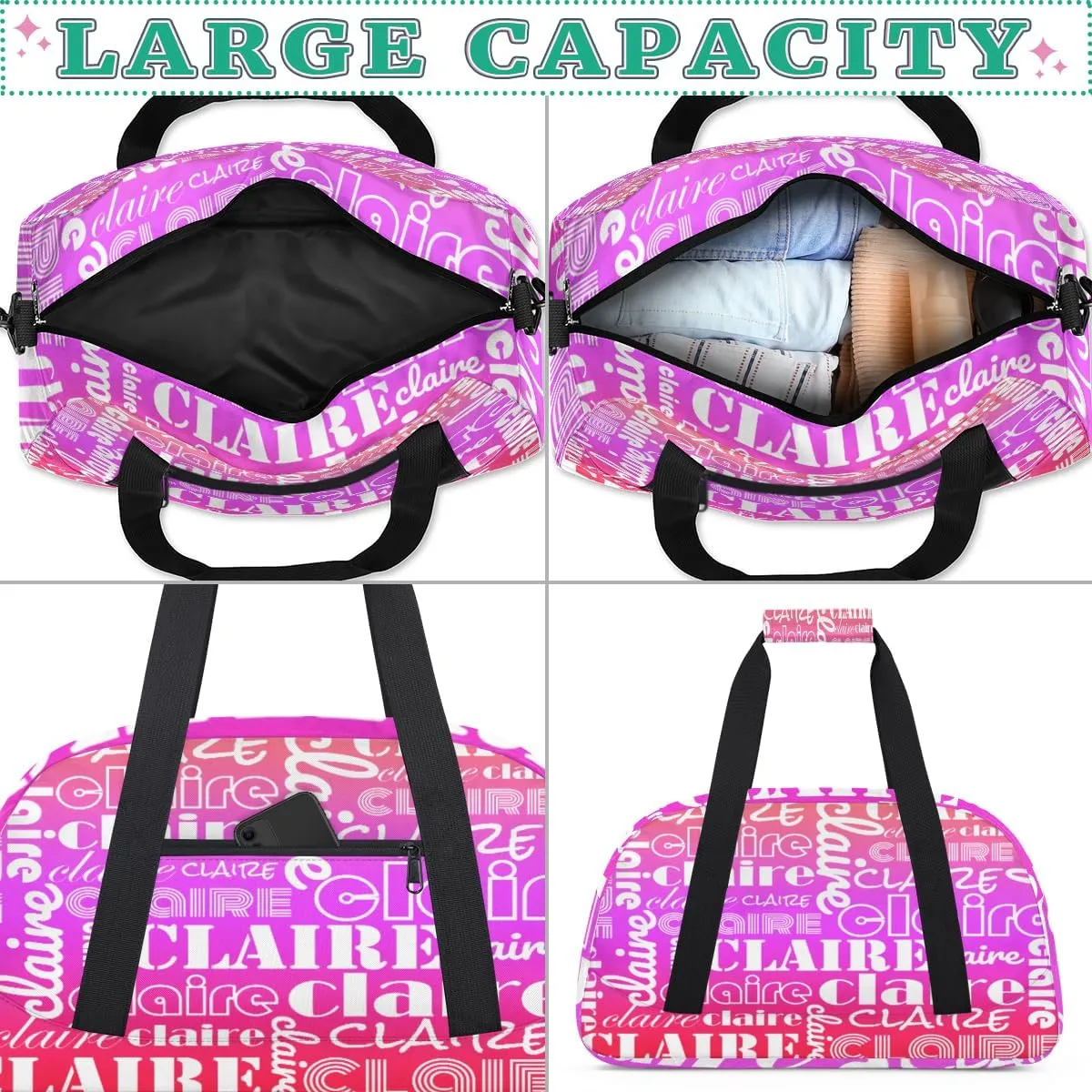 Custom Name Kids Gym Sport Bag for Boys Girls, Personalized Gymnastics Ballet Dance Bag Customized Small Duffel Travel Bag Teen Weekender Overnight Bag, White Purple Red