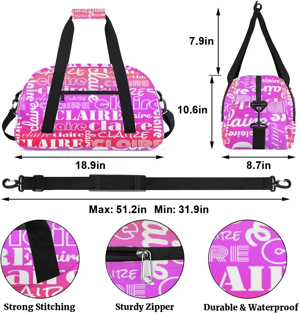 Custom Name Kids Gym Sport Bag for Boys Girls, Personalized Gymnastics Ballet Dance Bag Customized Small Duffel Travel Bag Teen Weekender Overnight Bag, White Purple Red