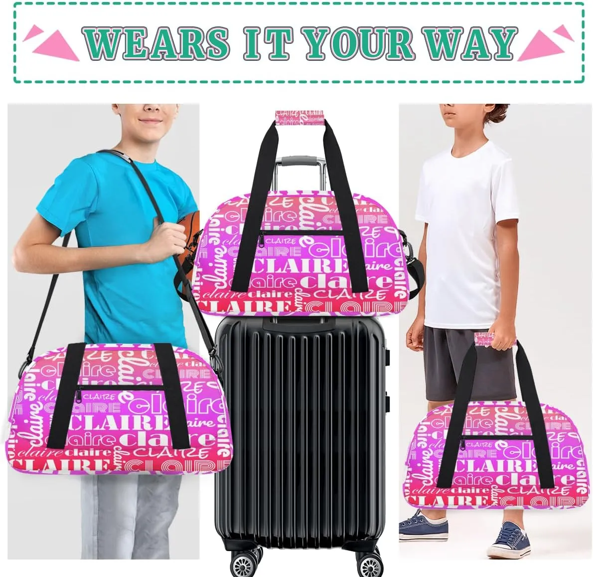 Custom Name Kids Gym Sport Bag for Boys Girls, Personalized Gymnastics Ballet Dance Bag Customized Small Duffel Travel Bag Teen Weekender Overnight Bag, White Purple Red