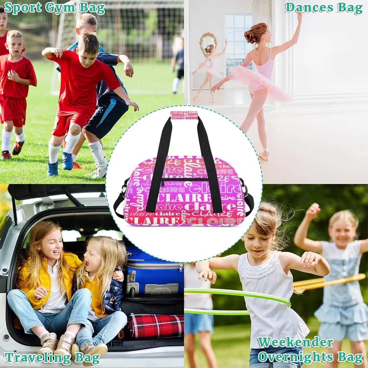 Custom Name Kids Gym Sport Bag for Boys Girls, Personalized Gymnastics Ballet Dance Bag Customized Small Duffel Travel Bag Teen Weekender Overnight Bag, White Purple Red