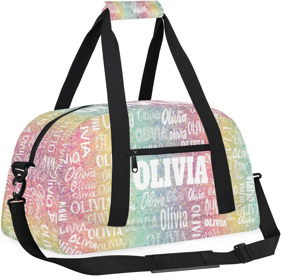 Custom Name Sports Duffel Bag for Kids Boys Girls, Personalized Gym Sport Duffel Cheerleading Bag Travel Weekender Tote Carry-On Bag, Light Colorful Glitters