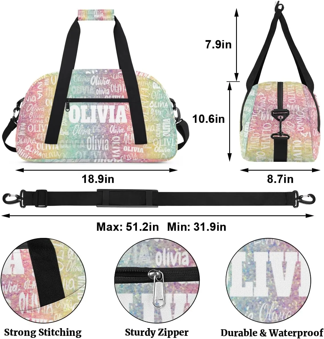 Custom Name Sports Duffel Bag for Kids Boys Girls, Personalized Gym Sport Duffel Cheerleading Bag Travel Weekender Tote Carry-On Bag, Light Colorful Glitters