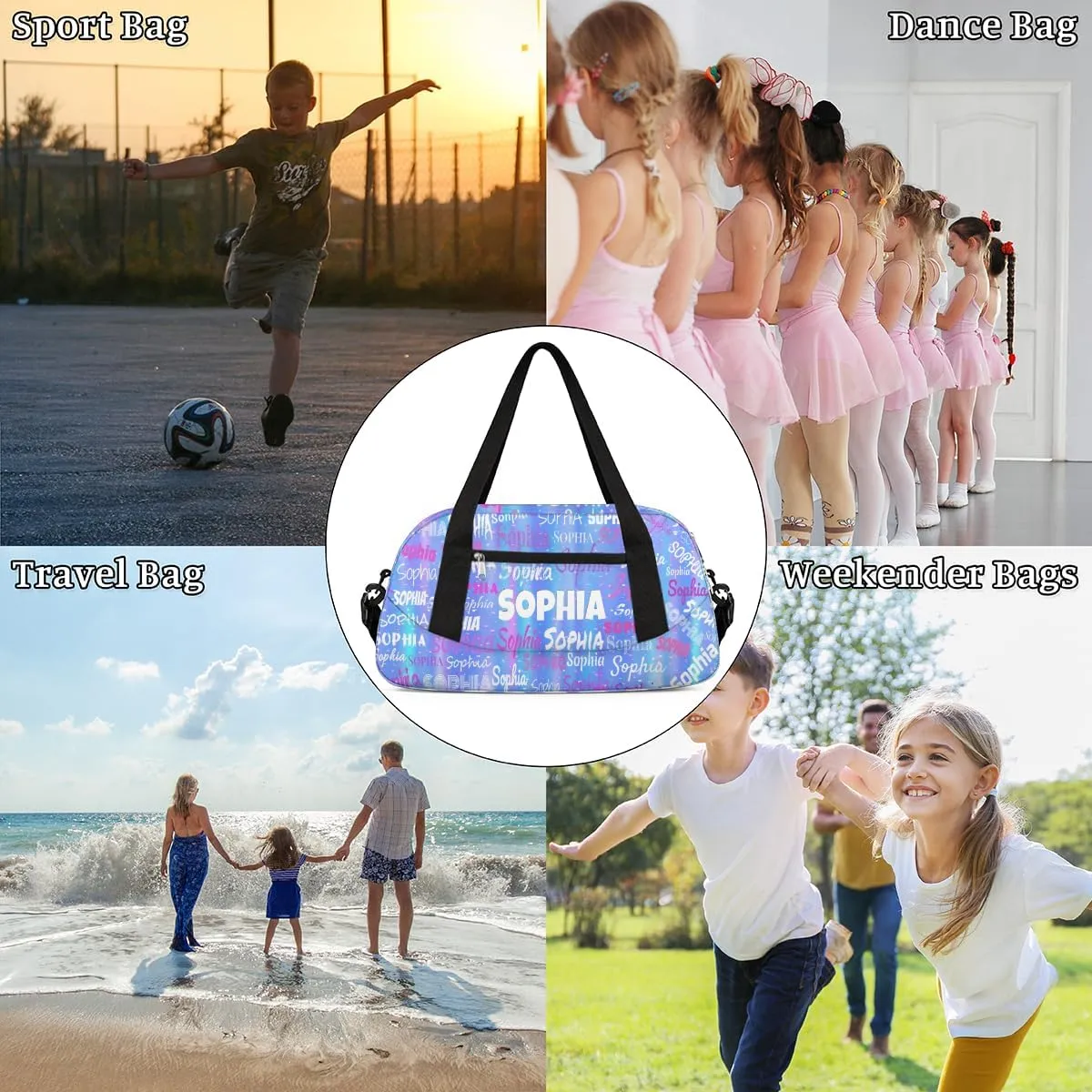 Custom Name Sports Duffel Bag Girls, Personalized Gym Dance Cheerleaders Bag Travel Weekender Tote Carry-On Fitness Perform Training Bag, Gradient Purple Blue