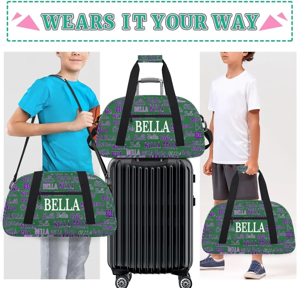 Custom Name Sports Duffel Bag, Personalized Gym Dance Cheerleaders Bag Travel Weekender Tote Carry-On Fitness Perform Bag, Dark Green
