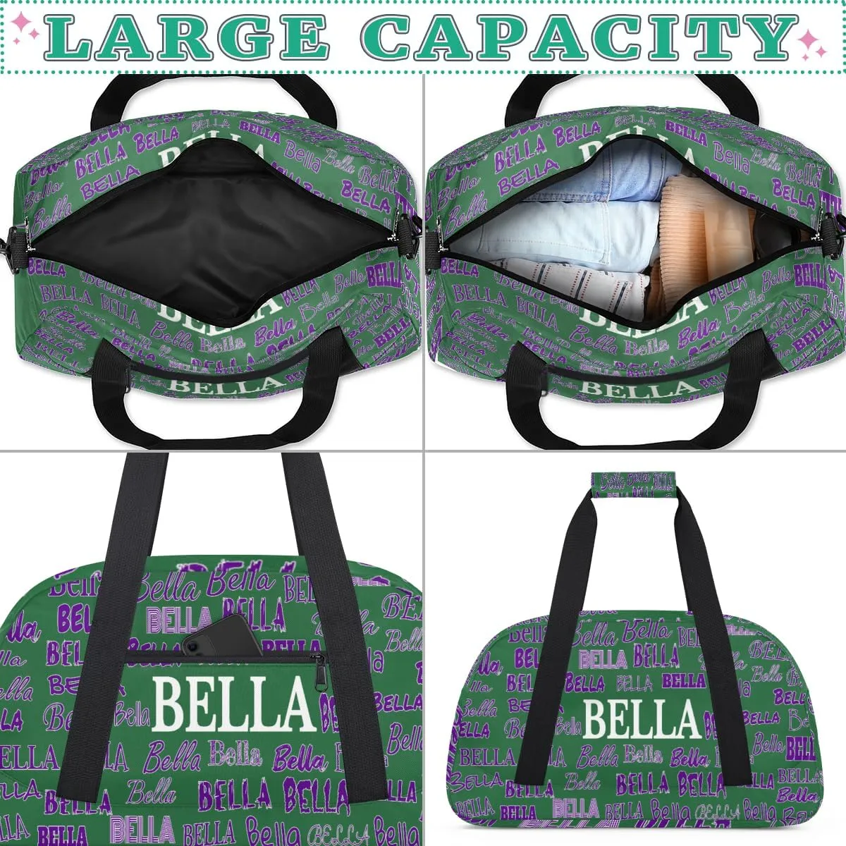 Custom Name Sports Duffel Bag, Personalized Gym Dance Cheerleaders Bag Travel Weekender Tote Carry-On Fitness Perform Bag, Dark Green