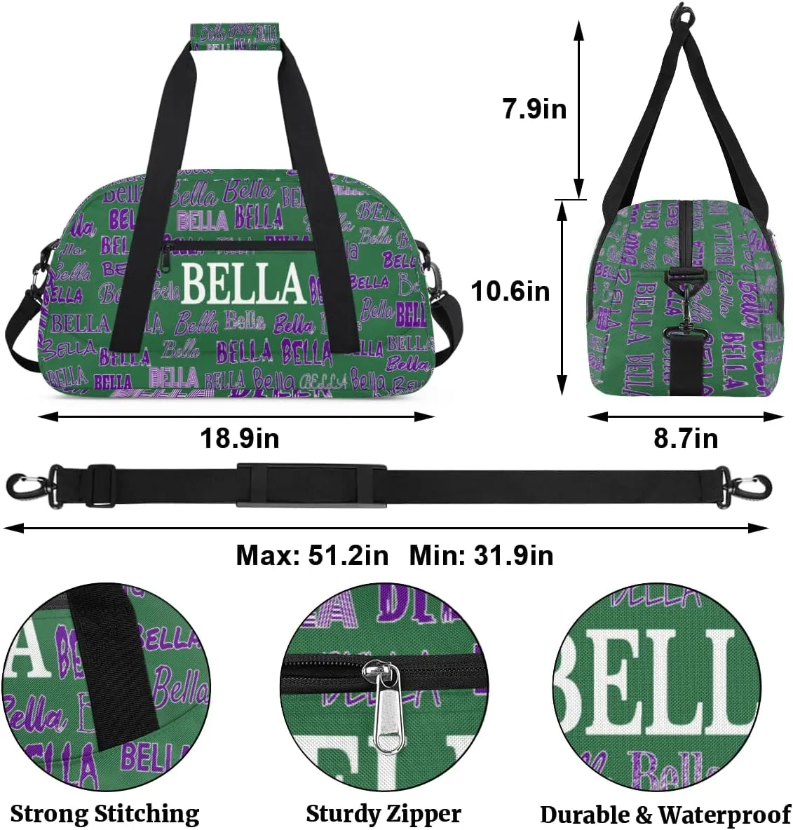 Custom Name Sports Duffel Bag, Personalized Gym Dance Cheerleaders Bag Travel Weekender Tote Carry-On Fitness Perform Bag, Dark Green