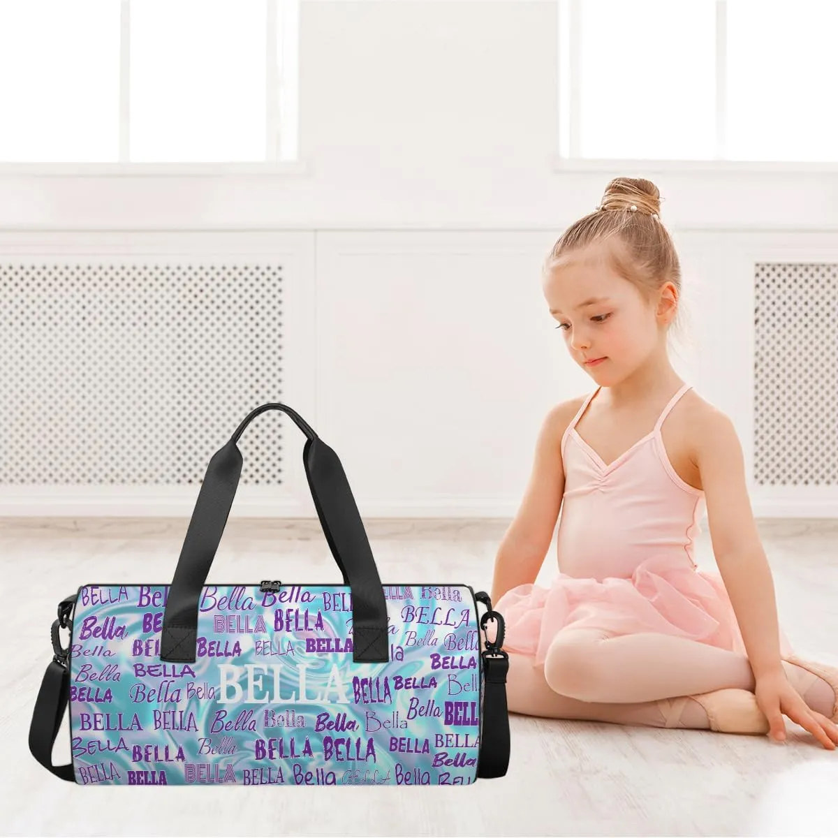 Custom Name Sports Gym Bag for Kids Girls, Personalized Dance Sport Duffel Gymnastics Bag Travel Weekender Outdoor Tote Carry-On Bag, Light Blue Abstract