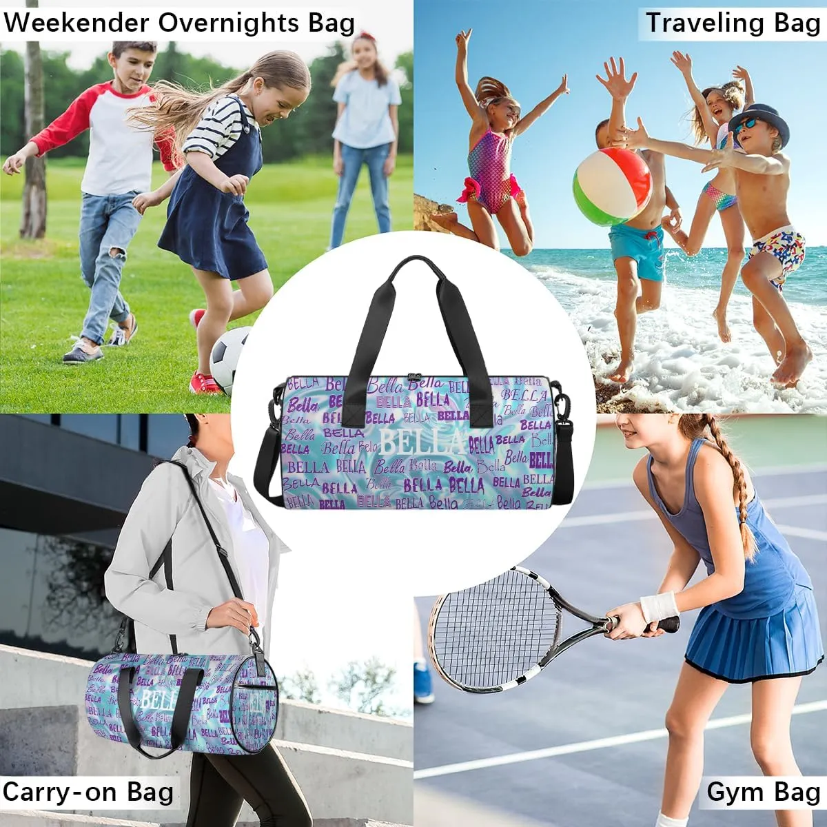 Custom Name Sports Gym Bag for Kids Girls, Personalized Dance Sport Duffel Gymnastics Bag Travel Weekender Outdoor Tote Carry-On Bag, Light Blue Abstract