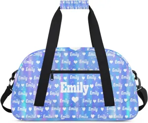 Custom Named Dance Ballet Bag Girls, Gym Bag Sports Travel Duffle Bag Tote Carry On Weekend Sports Travel Bag, Gradient Blue Shiny with Love Heart
