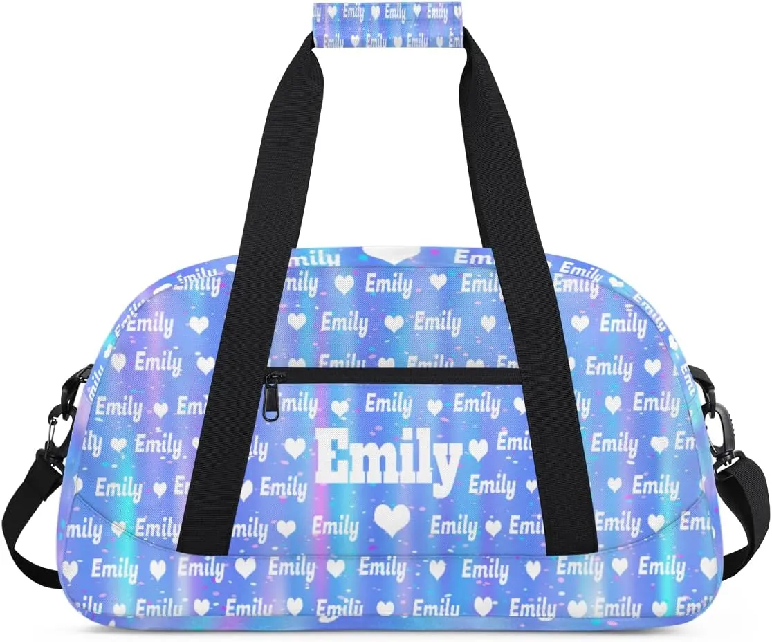 Custom Named Dance Ballet Bag Girls, Gym Bag Sports Travel Duffle Bag Tote Carry On Weekend Sports Travel Bag, Gradient Blue Shiny with Love Heart