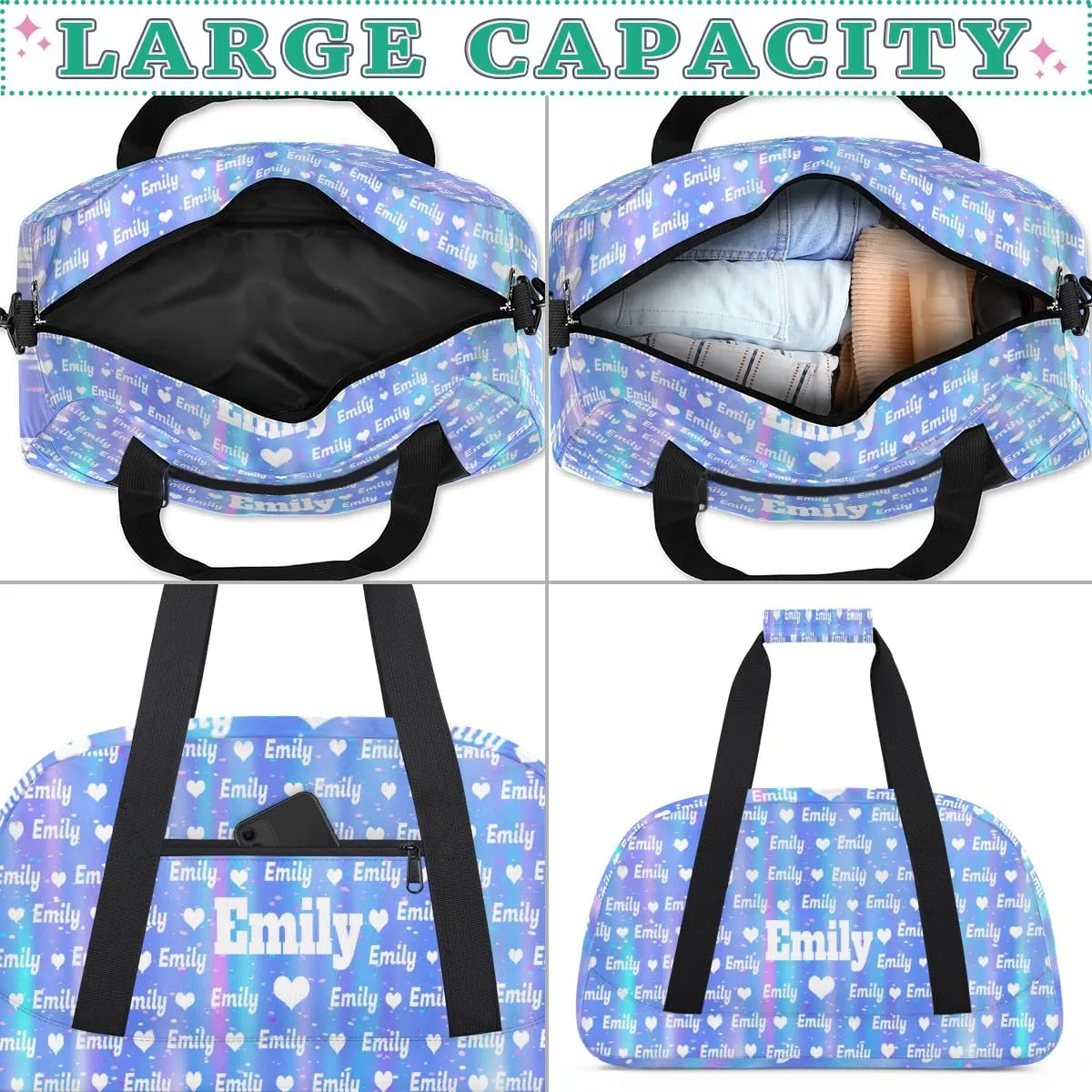 Custom Named Dance Ballet Bag Girls, Gym Bag Sports Travel Duffle Bag Tote Carry On Weekend Sports Travel Bag, Gradient Blue Shiny with Love Heart