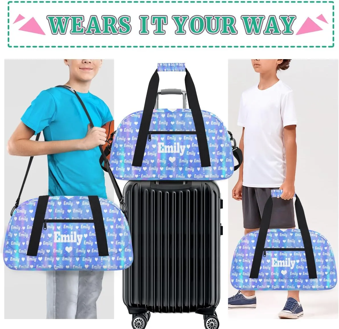 Custom Named Dance Ballet Bag Girls, Gym Bag Sports Travel Duffle Bag Tote Carry On Weekend Sports Travel Bag, Gradient Blue Shiny with Love Heart