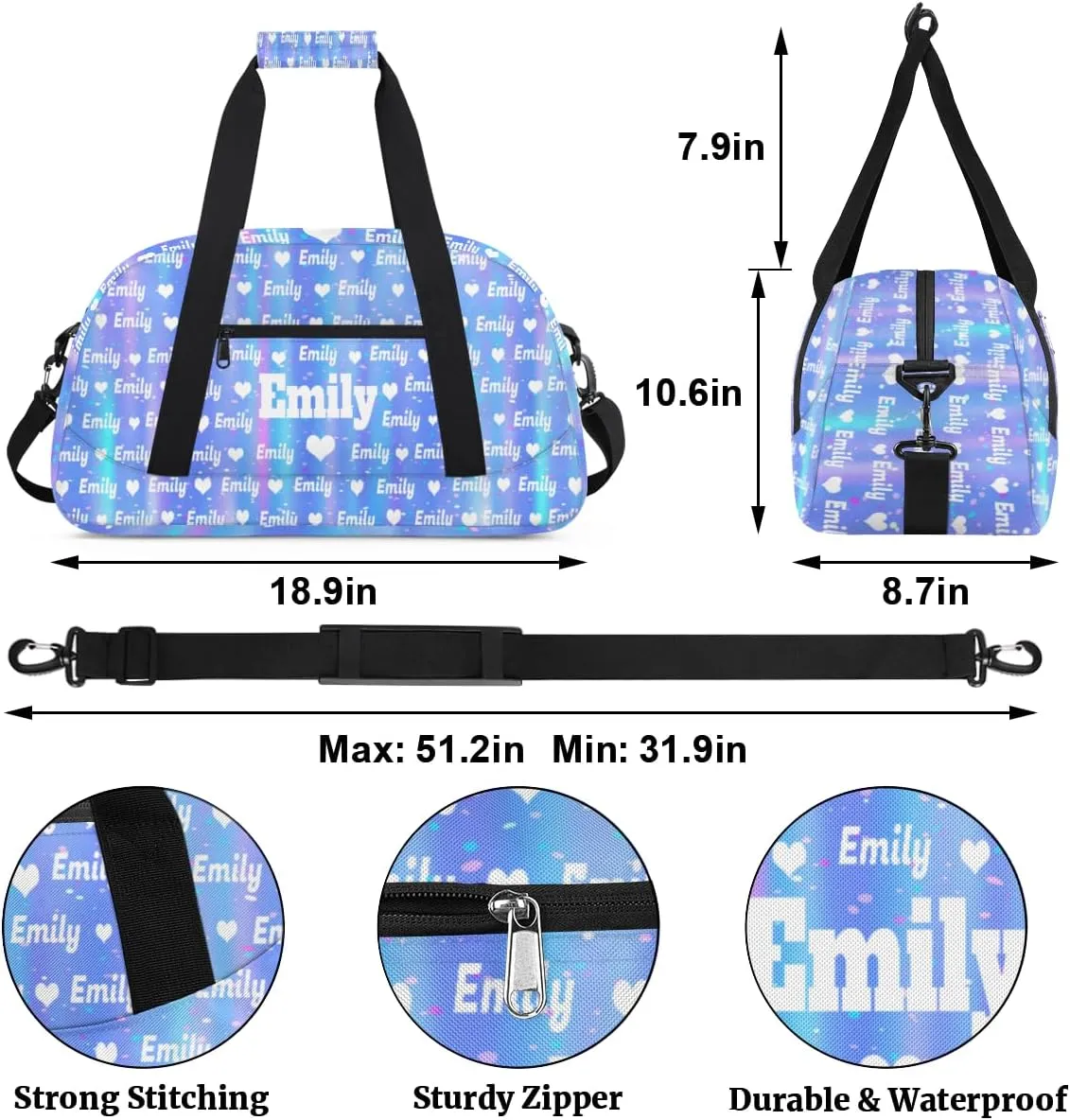 Custom Named Dance Ballet Bag Girls, Gym Bag Sports Travel Duffle Bag Tote Carry On Weekend Sports Travel Bag, Gradient Blue Shiny with Love Heart