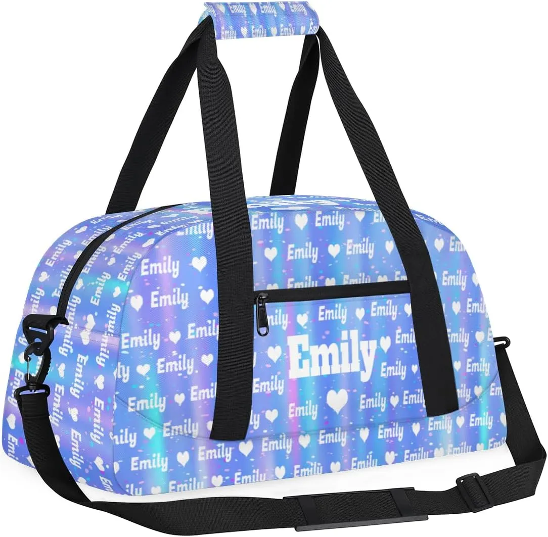 Custom Named Dance Ballet Bag Girls, Gym Bag Sports Travel Duffle Bag Tote Carry On Weekend Sports Travel Bag, Gradient Blue Shiny with Love Heart