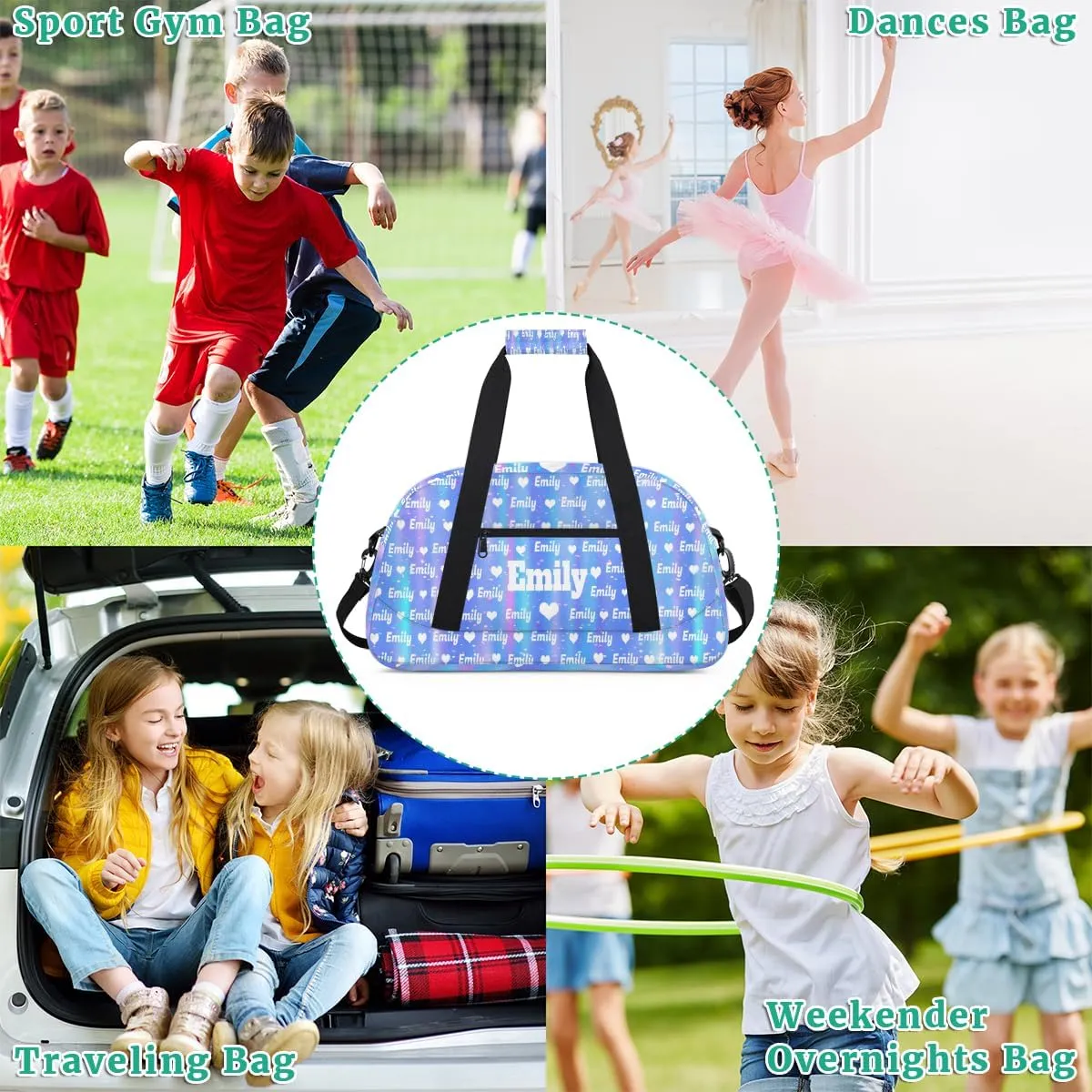 Custom Named Dance Ballet Bag Girls, Gym Bag Sports Travel Duffle Bag Tote Carry On Weekend Sports Travel Bag, Gradient Blue Shiny with Love Heart