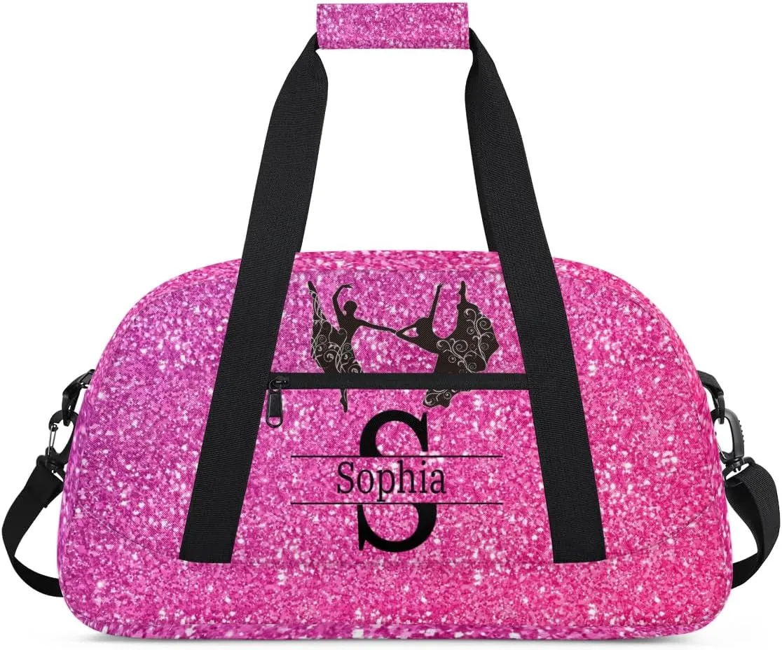 Custom Named Dance Ballet Bag, Gym Bag Sports Travel Duffle Bag Tote Weekend Sports Travel Bag, Romantic Bright Hot Pink Glittering Effect