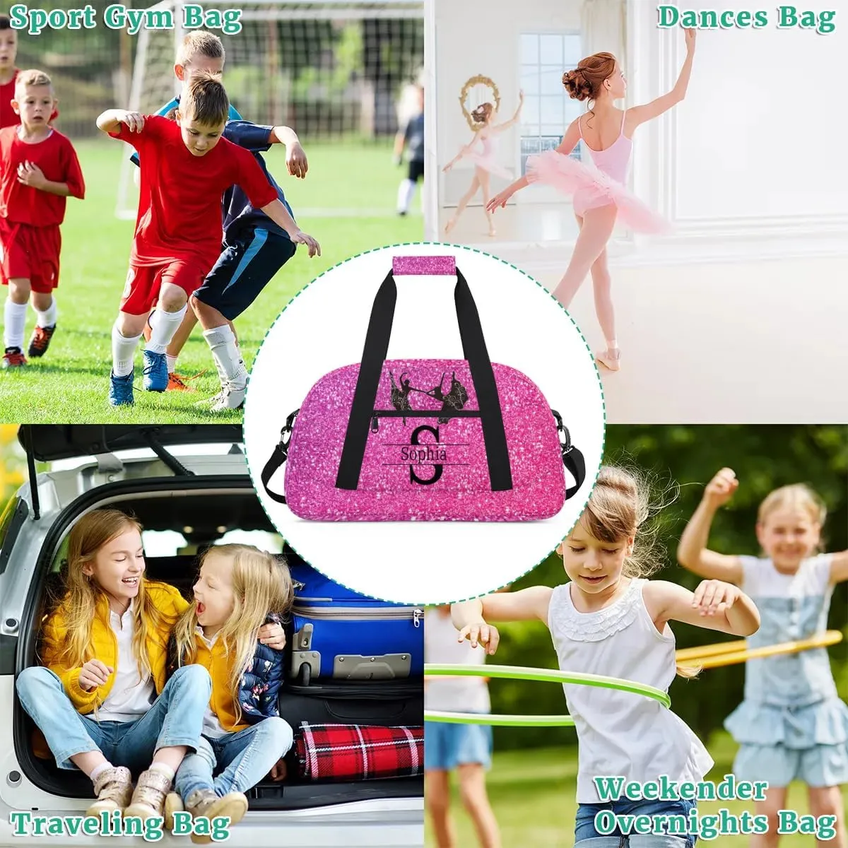 Custom Named Dance Ballet Bag, Gym Bag Sports Travel Duffle Bag Tote Weekend Sports Travel Bag, Romantic Bright Hot Pink Glittering Effect