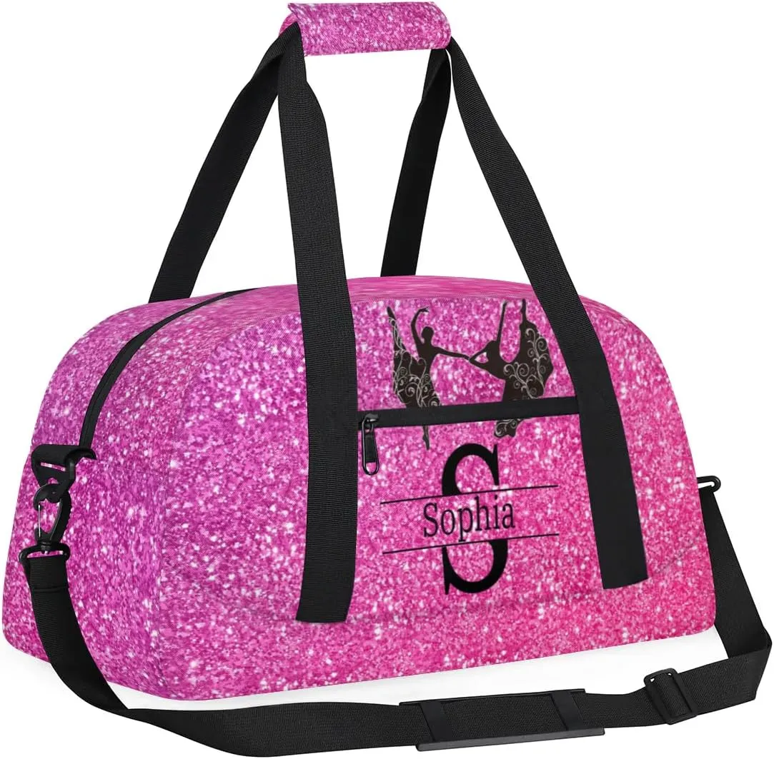 Custom Named Dance Ballet Bag, Gym Bag Sports Travel Duffle Bag Tote Weekend Sports Travel Bag, Romantic Bright Hot Pink Glittering Effect