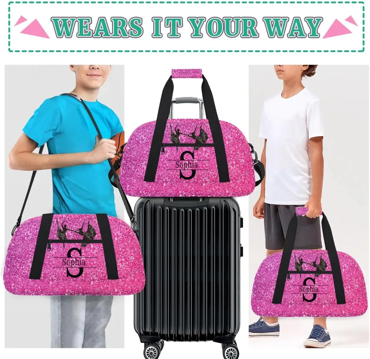 Custom Named Dance Ballet Bag, Gym Bag Sports Travel Duffle Bag Tote Weekend Sports Travel Bag, Romantic Bright Hot Pink Glittering Effect