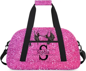 Custom Named Dance Ballet Bag, Gym Bag Sports Travel Duffle Bag Tote Weekend Sports Travel Bag, Romantic Bright Hot Pink Glittering Effect