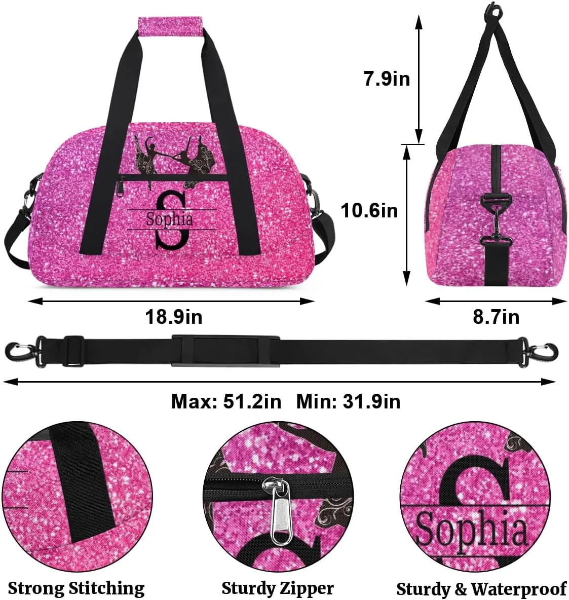 Custom Named Dance Ballet Bag, Gym Bag Sports Travel Duffle Bag Tote Weekend Sports Travel Bag, Romantic Bright Hot Pink Glittering Effect