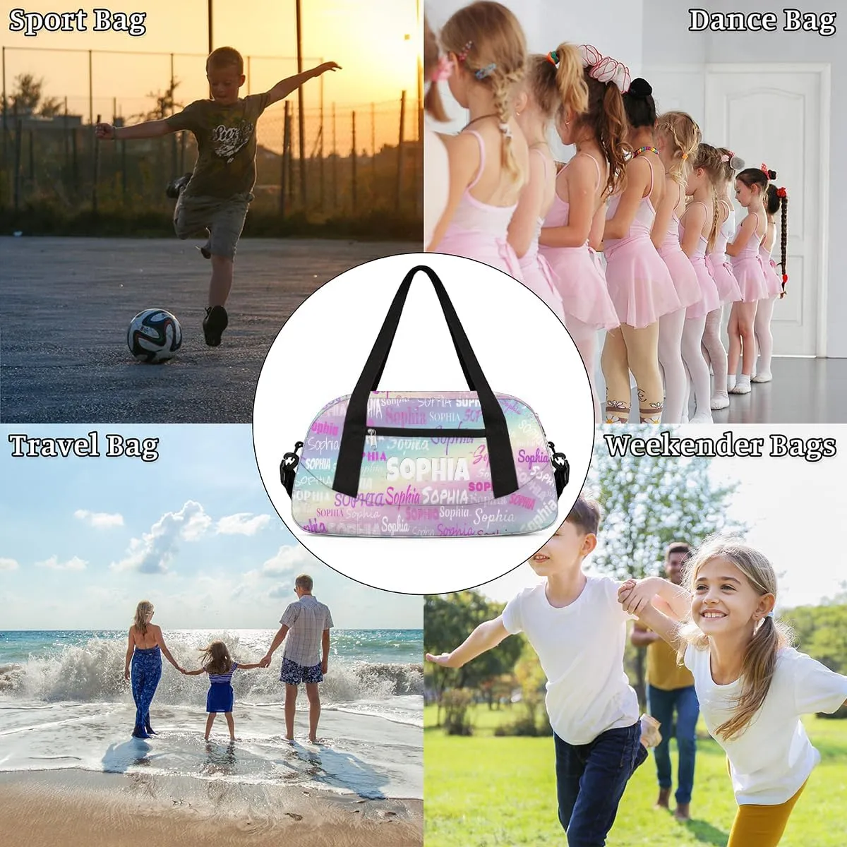 Custom Named Dance Workout Bag Girls, Gym Bag Sports Travel Duffle Bag Tote Dance Swimming Carry On Weekend Sports Travel Bag, Light Color Purple