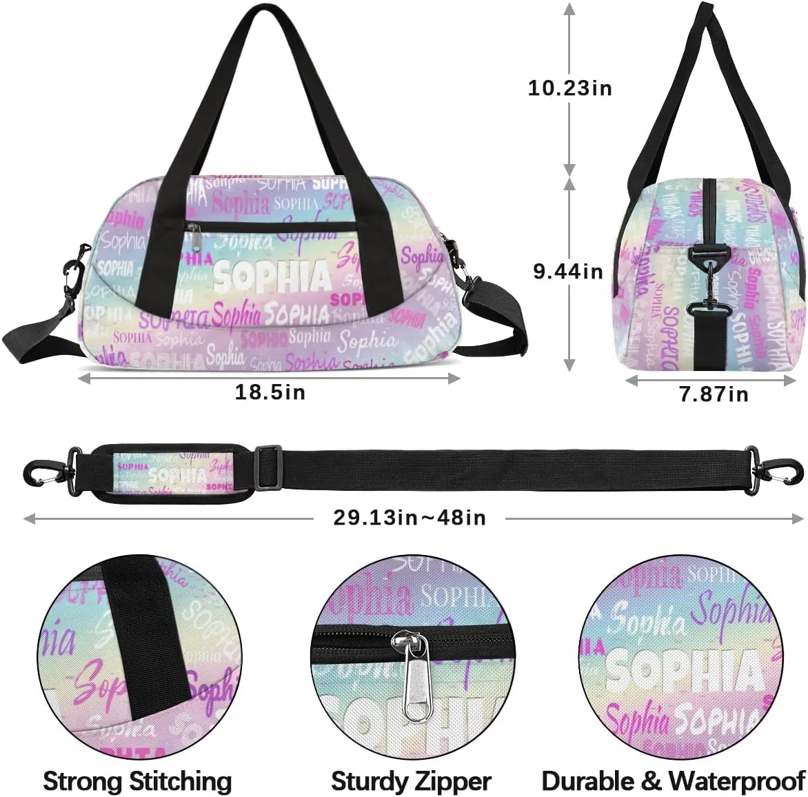 Custom Named Dance Workout Bag Girls, Gym Bag Sports Travel Duffle Bag Tote Dance Swimming Carry On Weekend Sports Travel Bag, Light Color Purple