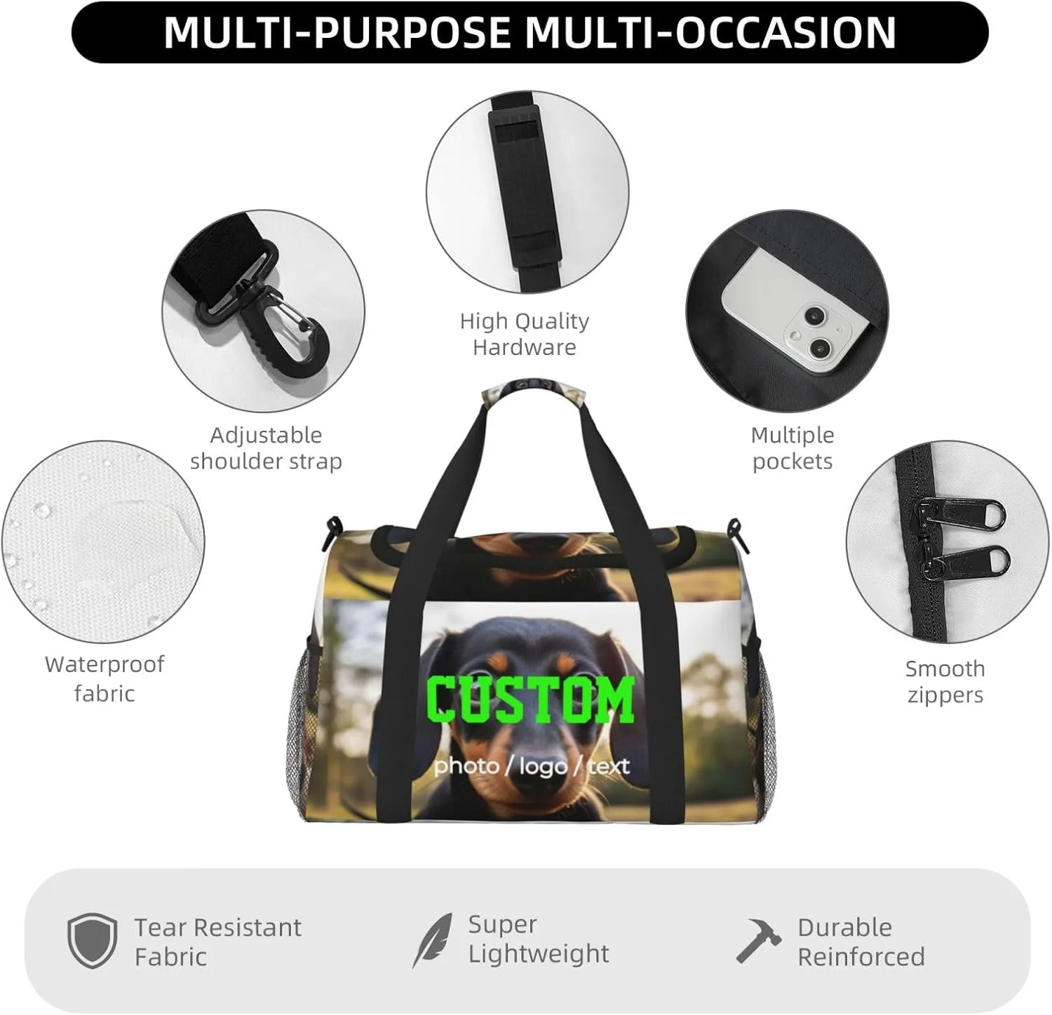 Custom Photo Big Sports Duffle Bag Customization Travel Gym Bag with Name Text Customize Personalized Unisex Weekender Workout Bag