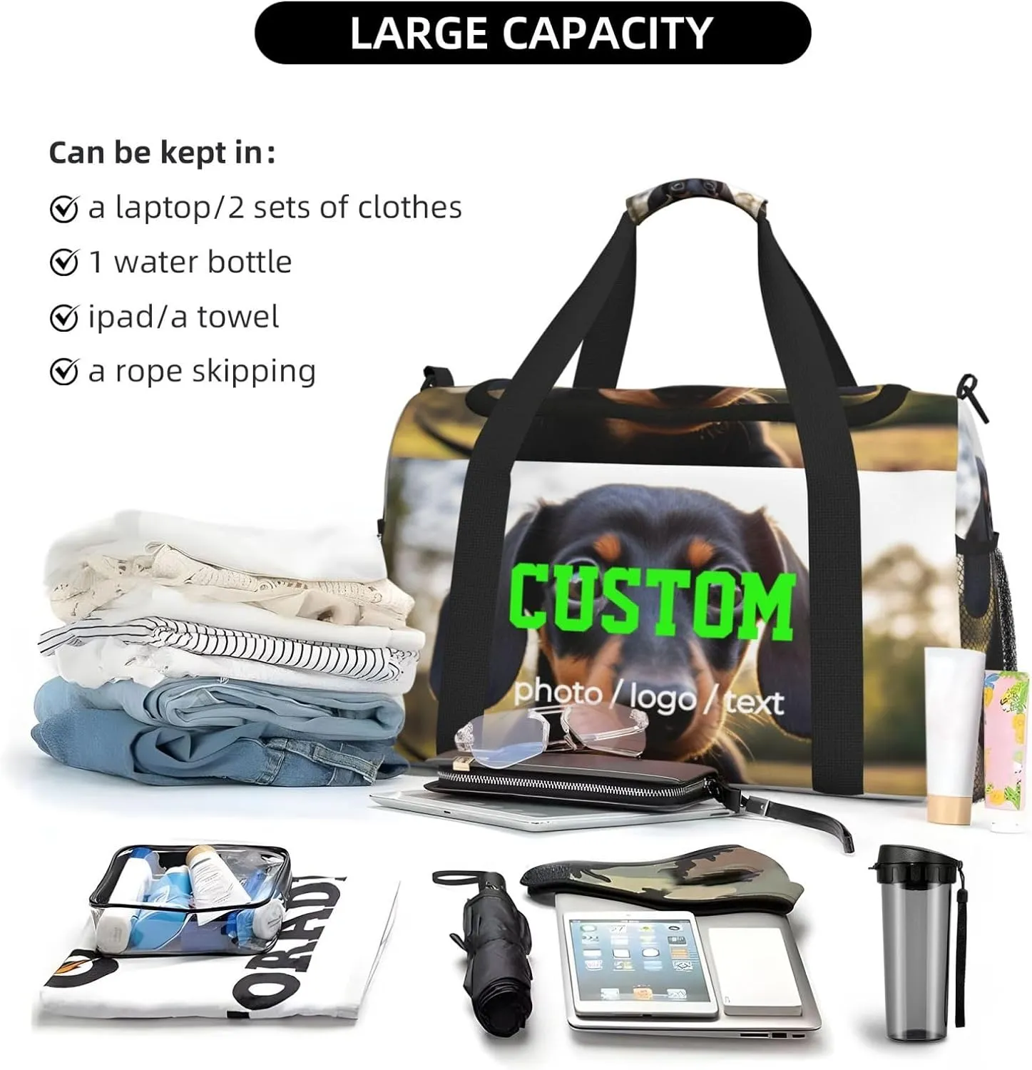 Custom Photo Big Sports Duffle Bag Customization Travel Gym Bag with Name Text Customize Personalized Unisex Weekender Workout Bag