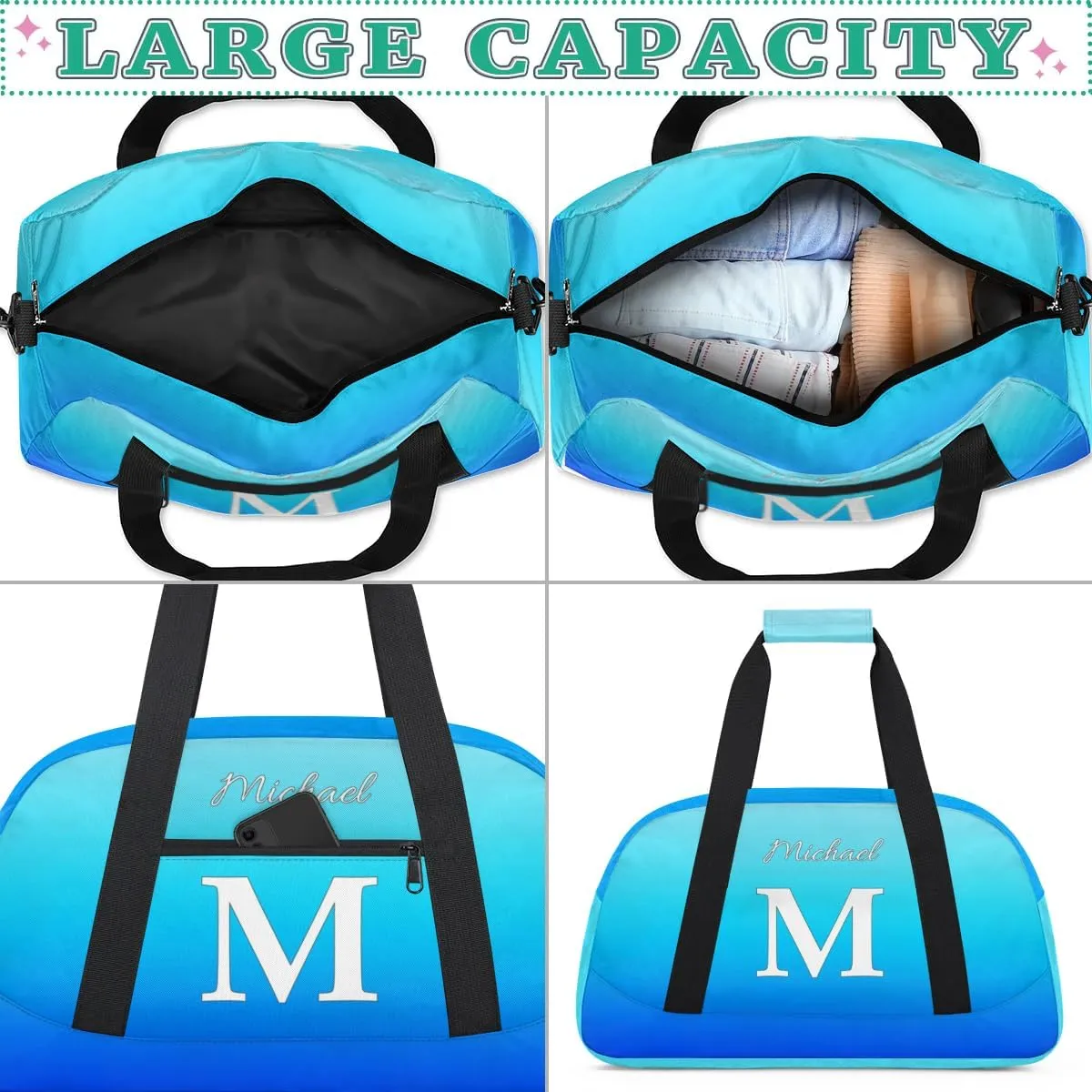 Custom Small Gym Bag, Lightweight Sports Travel Duffel Bag, Customized Initial Weekender Overnight Bag for Beach Swim Pool Sports Gym, Blue Gradient