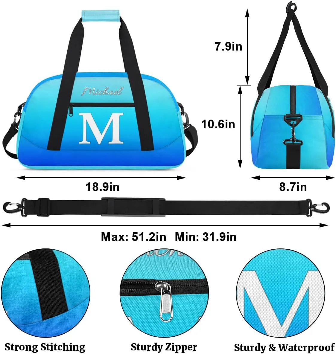 Custom Small Gym Bag, Lightweight Sports Travel Duffel Bag, Customized Initial Weekender Overnight Bag for Beach Swim Pool Sports Gym, Blue Gradient