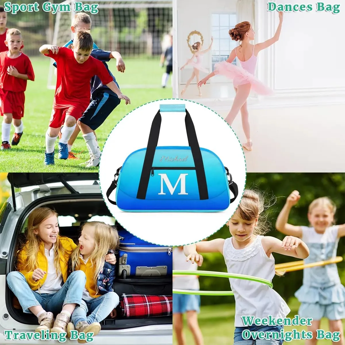 Custom Small Gym Bag, Lightweight Sports Travel Duffel Bag, Customized Initial Weekender Overnight Bag for Beach Swim Pool Sports Gym, Blue Gradient