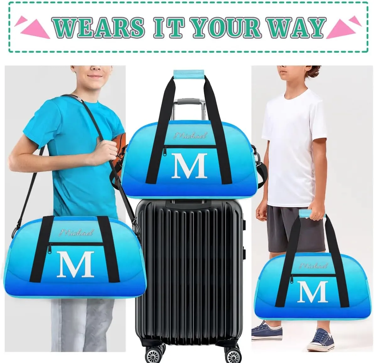 Custom Small Gym Bag, Lightweight Sports Travel Duffel Bag, Customized Initial Weekender Overnight Bag for Beach Swim Pool Sports Gym, Blue Gradient