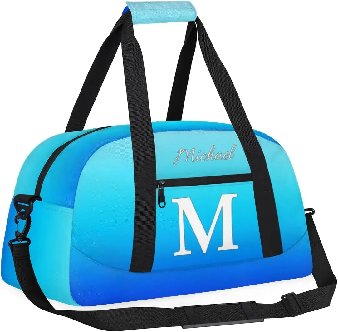 Custom Small Gym Bag, Lightweight Sports Travel Duffel Bag, Customized Initial Weekender Overnight Bag for Beach Swim Pool Sports Gym, Blue Gradient