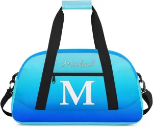 Custom Small Gym Bag, Lightweight Sports Travel Duffel Bag, Customized Initial Weekender Overnight Bag for Beach Swim Pool Sports Gym, Blue Gradient