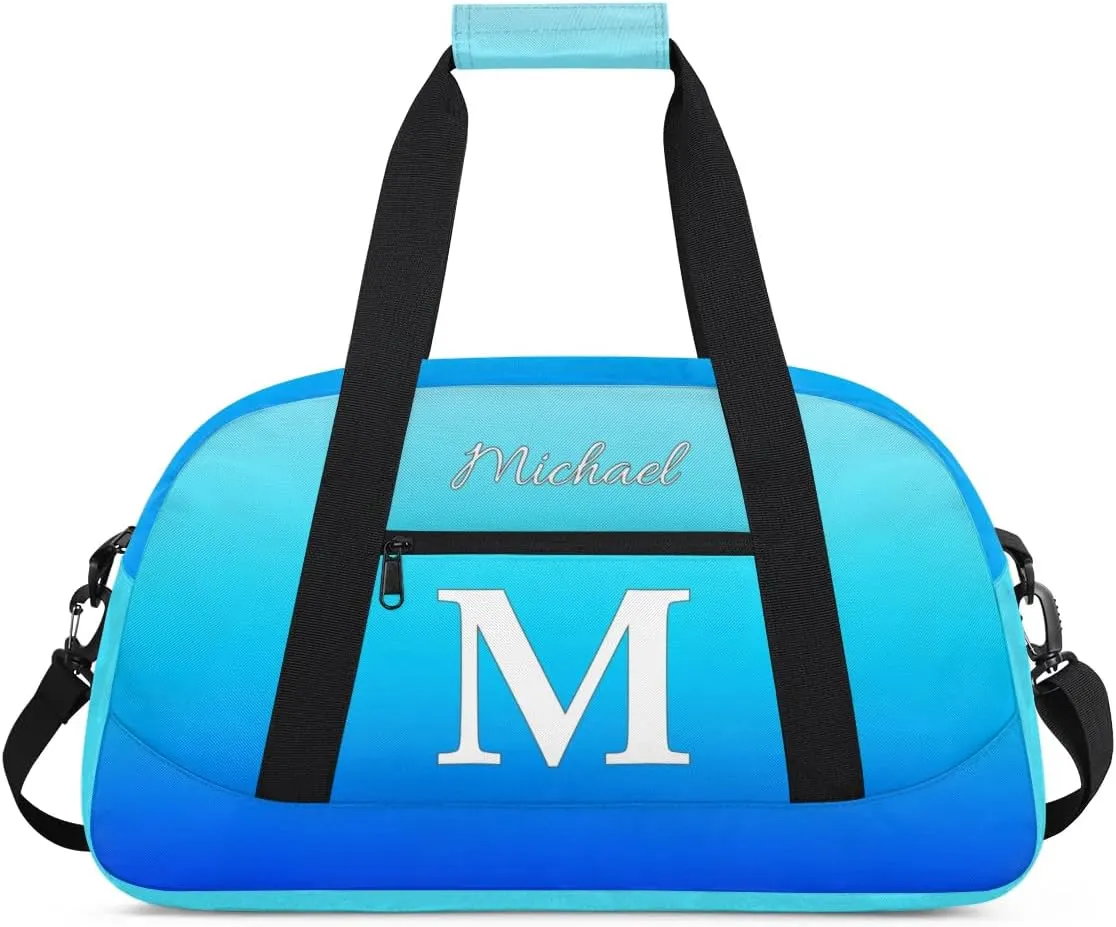 Custom Small Gym Bag, Lightweight Sports Travel Duffel Bag, Customized Initial Weekender Overnight Bag for Beach Swim Pool Sports Gym, Blue Gradient