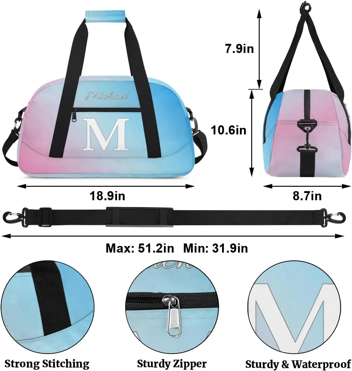 Custom Small Gym Bag, Lightweight Sports Travel Duffel Bag, Customized Initial Weekender Overnight Bag for Beach Swim Pool Sports Gym, Pink Blue
