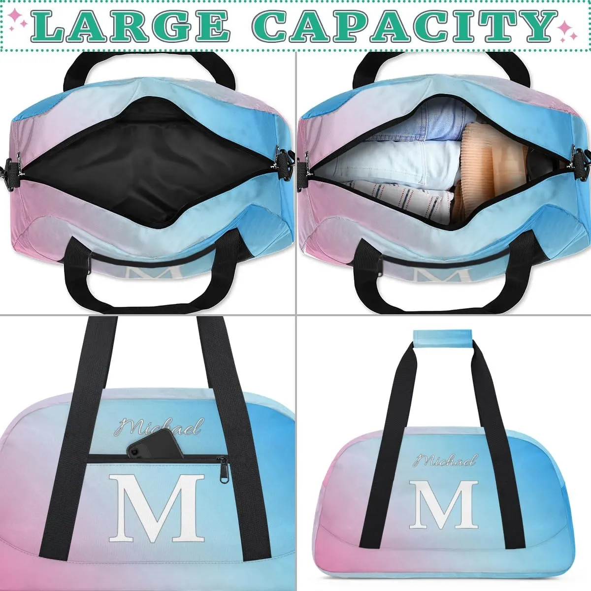 Custom Small Gym Bag, Lightweight Sports Travel Duffel Bag, Customized Initial Weekender Overnight Bag for Beach Swim Pool Sports Gym, Pink Blue