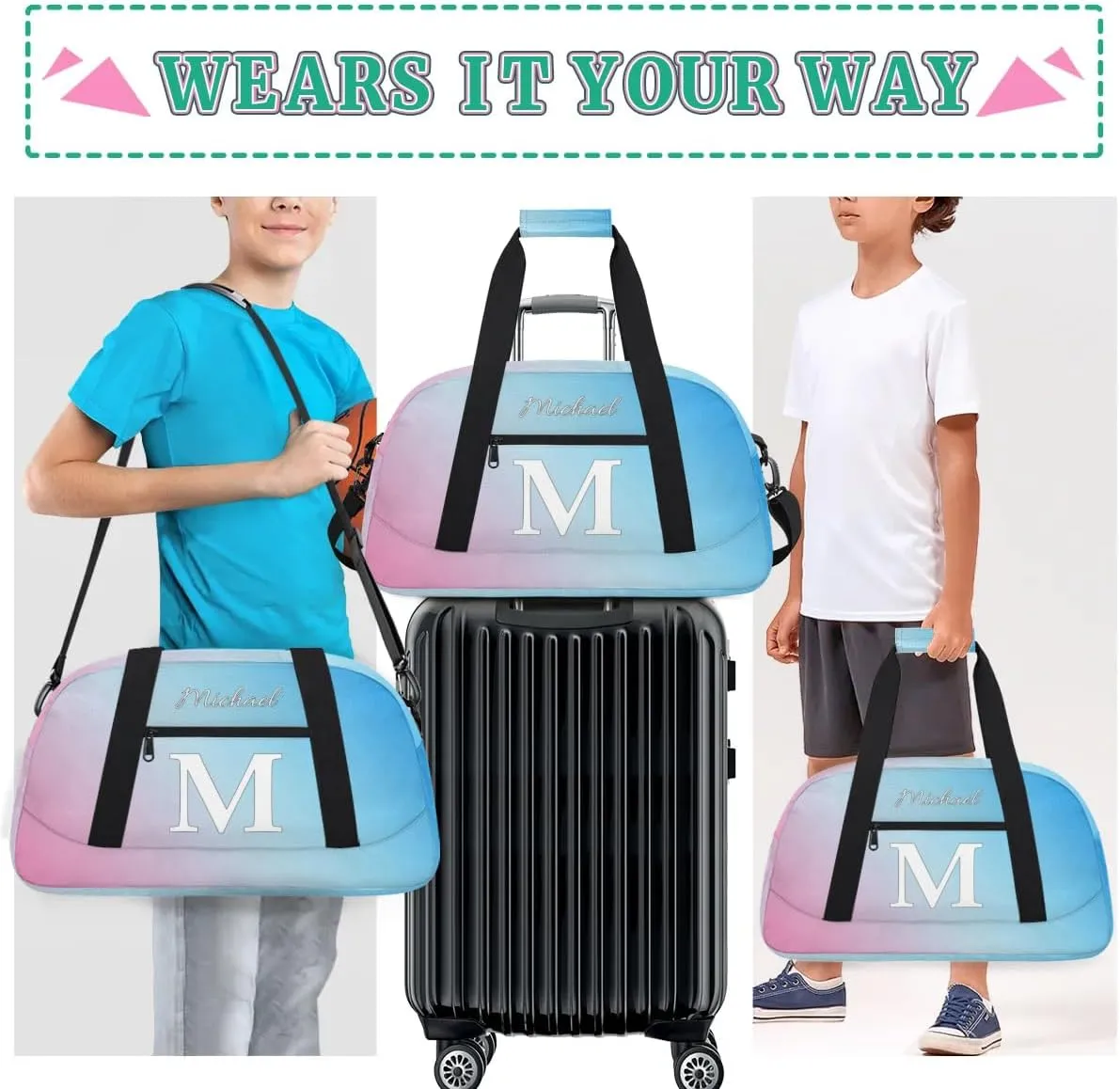 Custom Small Gym Bag, Lightweight Sports Travel Duffel Bag, Customized Initial Weekender Overnight Bag for Beach Swim Pool Sports Gym, Pink Blue