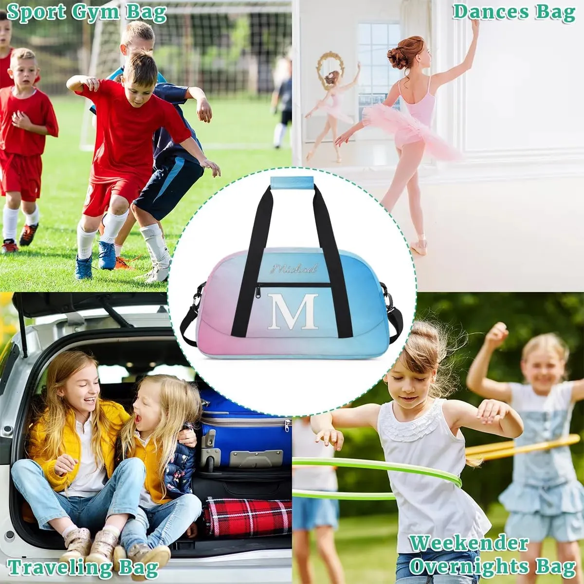 Custom Small Gym Bag, Lightweight Sports Travel Duffel Bag, Customized Initial Weekender Overnight Bag for Beach Swim Pool Sports Gym, Pink Blue