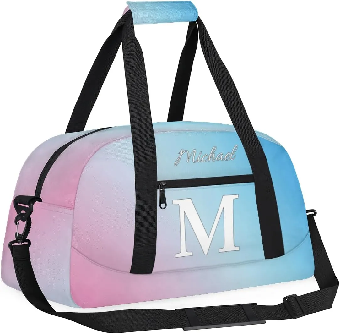 Custom Small Gym Bag, Lightweight Sports Travel Duffel Bag, Customized Initial Weekender Overnight Bag for Beach Swim Pool Sports Gym, Pink Blue