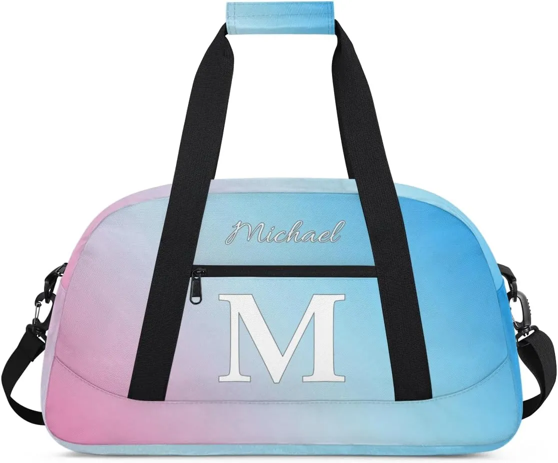 Custom Small Gym Bag, Lightweight Sports Travel Duffel Bag, Customized Initial Weekender Overnight Bag for Beach Swim Pool Sports Gym, Pink Blue
