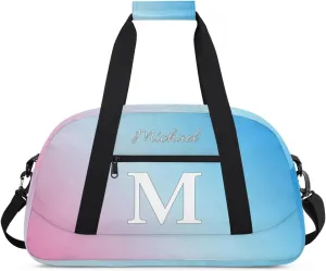 Custom Small Gym Bag, Lightweight Sports Travel Duffel Bag, Customized Initial Weekender Overnight Bag for Beach Swim Pool Sports Gym, Pink Blue