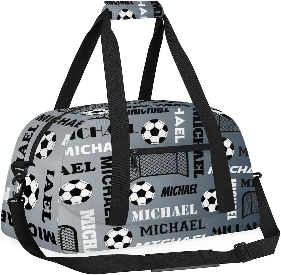 Custom Soccer Gym Duffel Bag with Name, Personalized Name Sport Bag Overnight Bags Custom Travel Weekender Bag for Women Men, Black Grey