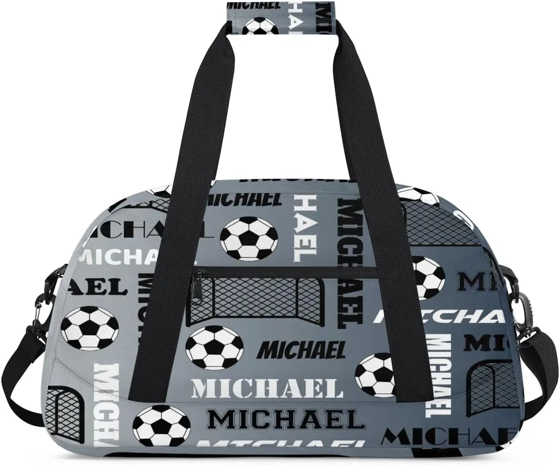Custom Soccer Gym Duffel Bag with Name, Personalized Name Sport Bag Overnight Bags Custom Travel Weekender Bag for Women Men, Black Grey